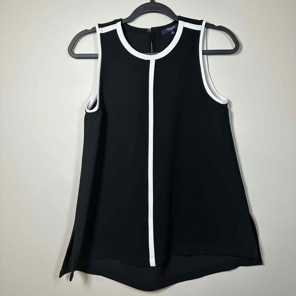 Madewell XS Blouse Black White Sleeveless Colorblock Piping High-Low E4896